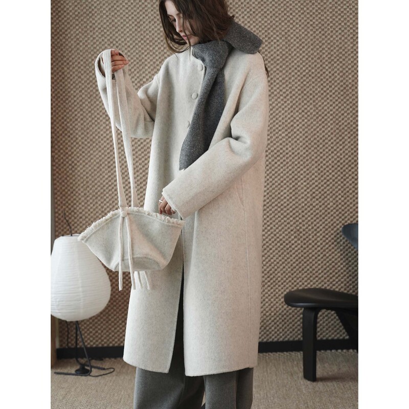 Louvre's New Winter Korean Style Fashionable Collarless Matchinging Hat Double-Sided Woolen Outwear Loose Long Outwear for Women