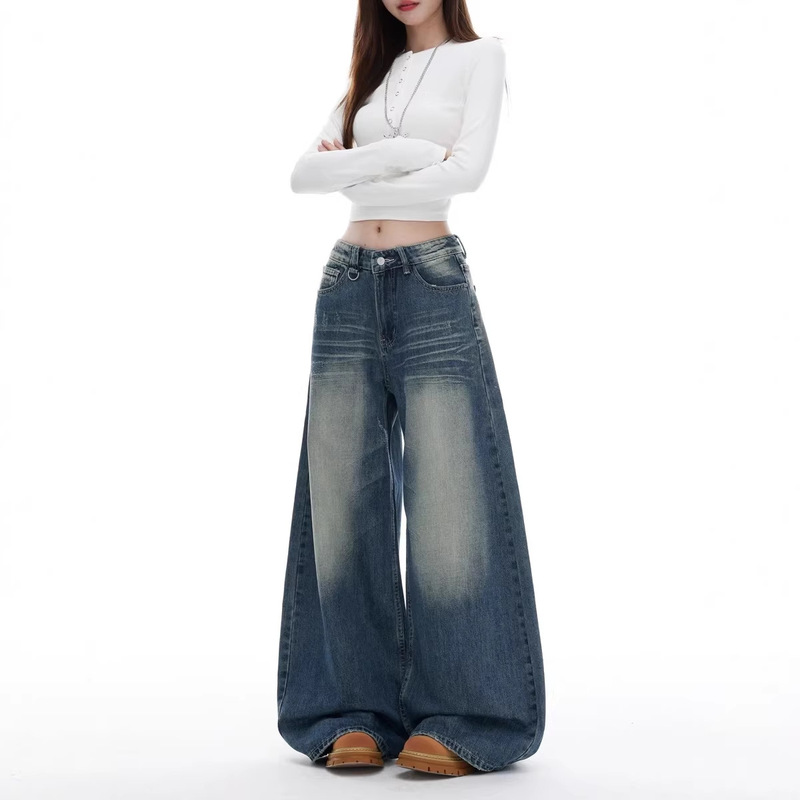 【Han Niu】New American-Style Washed Lazy Wide-Leg Jeans for Women, Loose Straight-Cut Slimming Denim Wide-Leg Pants for Women 【Han Niu】New American-Style Washed Lazy Wide-Leg Jeans for Women, Loose Straight-Cut Slimming Denim Wide-Leg Pants for Women