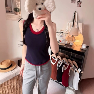 韩系撞色假两件无袖背心女夏季内搭外穿带胸垫修身显瘦美背上衣潮