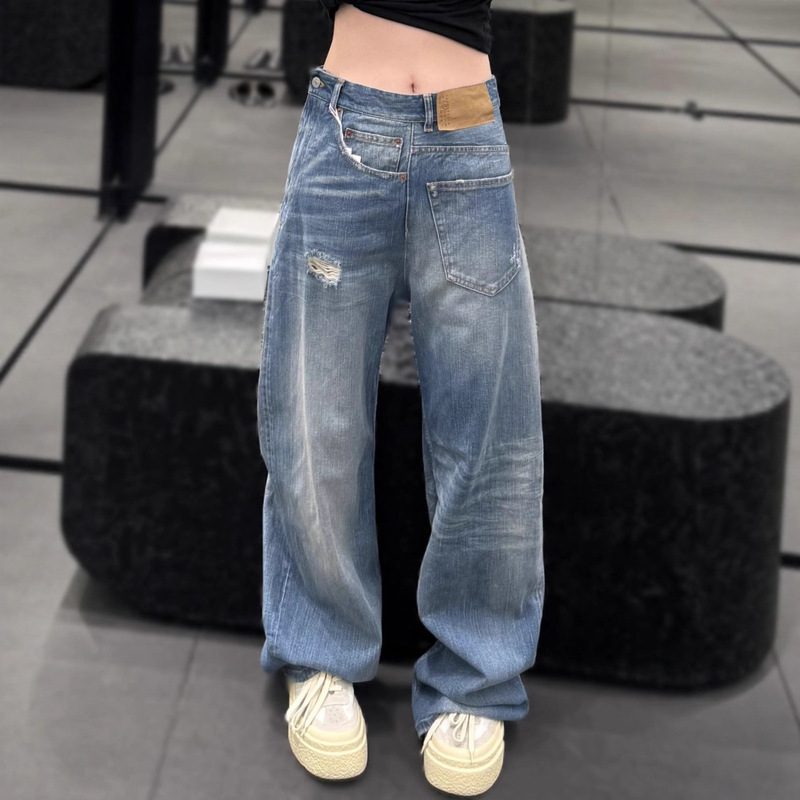 美式街头大码水洗做旧错位设计感牛仔裤女宽松直筒垂感休闲长裤|undefined