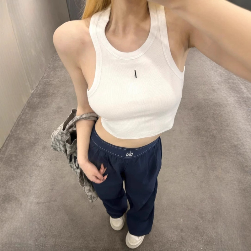 Actual Shot of the New Al Sports Vest Threaded Suspender Logo Printed Inner Wear Women's High-Waisted Navel-Baring Fitness Yoga Top