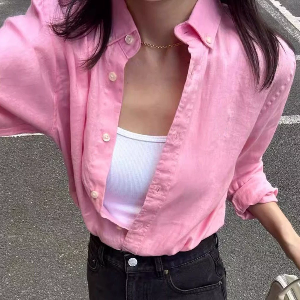 RL Rlaf War Horse Po стандартная вышивка весной и летом новый льняный длинный рукав свободный розовый топ нишевая солнцезащитная рубашка