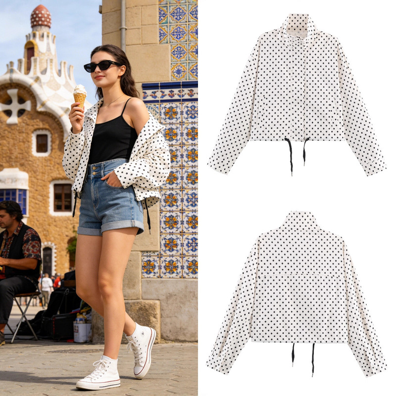 Za Foreign Trade Cross-Border Wholesale European and American Style Women's Clothing Summer New Polka Dot Print Women's Jacket Drawstring Coat Za Foreign Trade Cross-Border Wholesale European and American Style Women's Clothing Summer New Polka Dot Print Women's Jacket Drawstring Coat