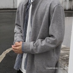 花灰色假两件开衫针织毛衣男款秋季感拼接格子外套轻熟风上衣其他