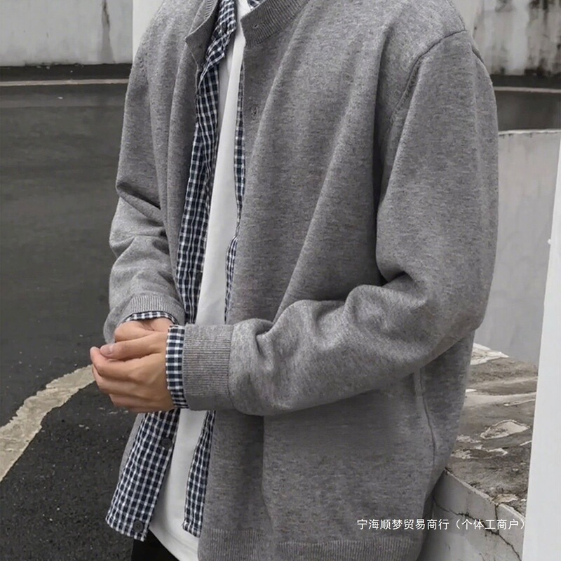 花灰色假两件开衫针织毛衣男款秋季感拼接格子外套轻熟风上衣其他|undefined