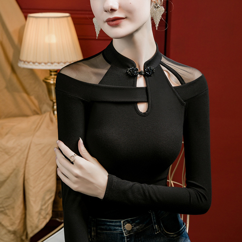 Nuevo estilo hebilla diseño de nicho Otoño e Invierno estilo occidental camisa de fondo Cuello cheongsam estilo chino top de las mujeres slim fit 2023 Otoño image 6