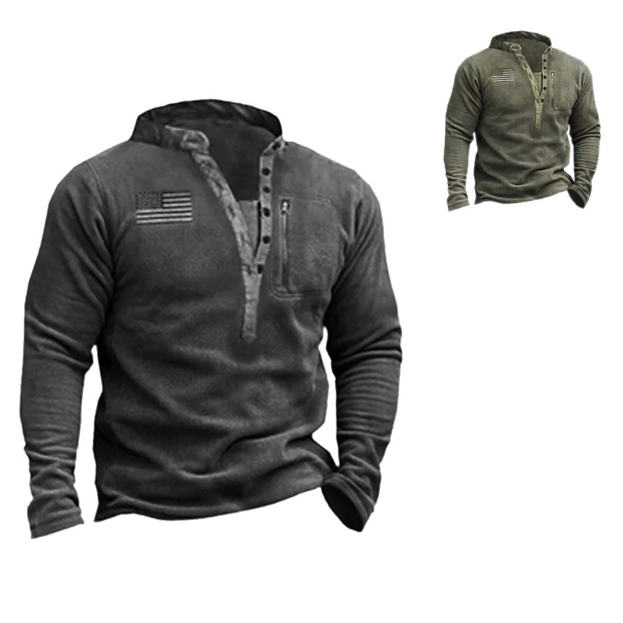 Men's V-Neck Button-Down Fleece Thermal Tactical Hoodie With Long Sleeves For Training And Workouts_viptrois.com