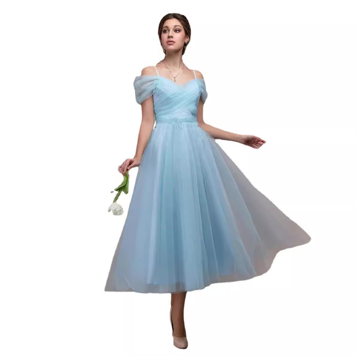 Primavera y verano europeo y americano Comercio exterior nueva malla ropa de mujer vestido sexy fuera del cuello Correa encaje-arriba boda Vestido de dama de honor