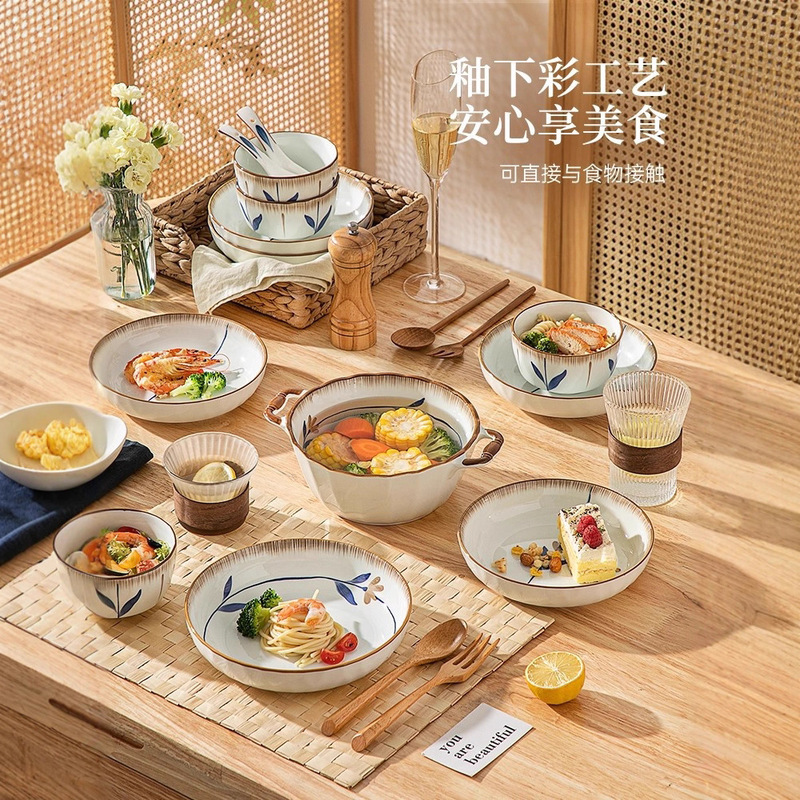 美しい和風陶器のボウル、皿、食器セット、家庭用食器セット、ライスボウル、インスタントラーメン、スープボウル、プレート|undefined
