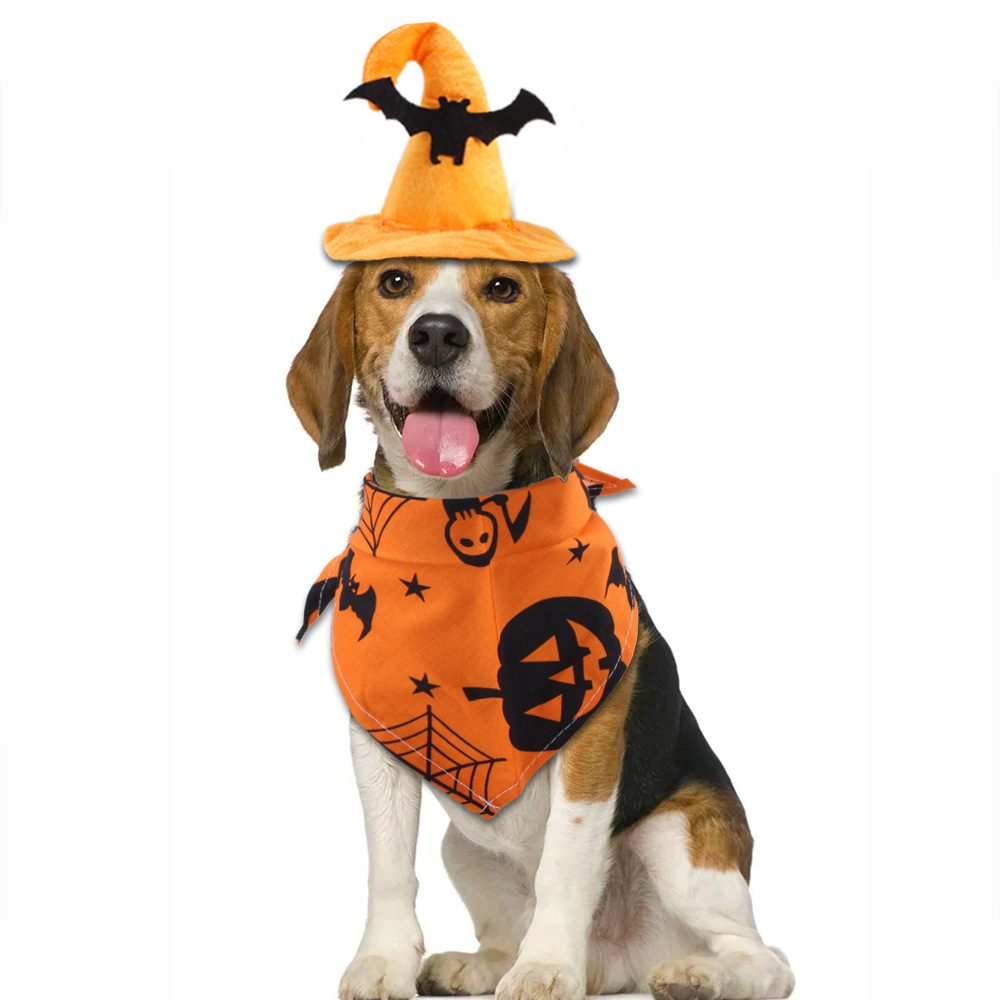 Traje de ropa para mascotas de Halloween, sombrero de murciélago, toalla de saliva de calabaza, vestido de gato, accesorios divertidos