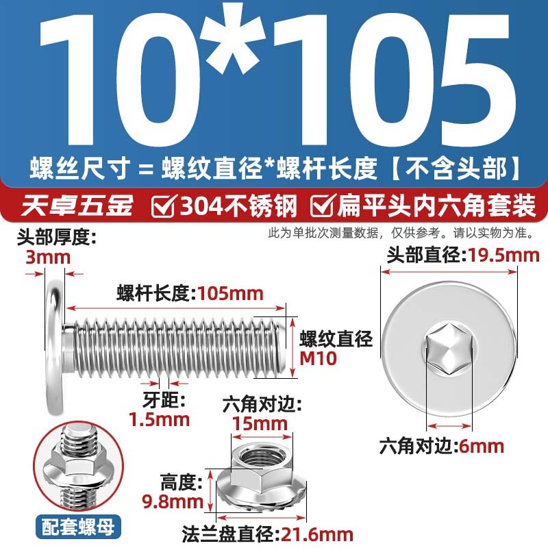 304不锈钢CM大平头超薄头C头扁平头内六角螺丝钉法兰边螺母套装M5|undefined