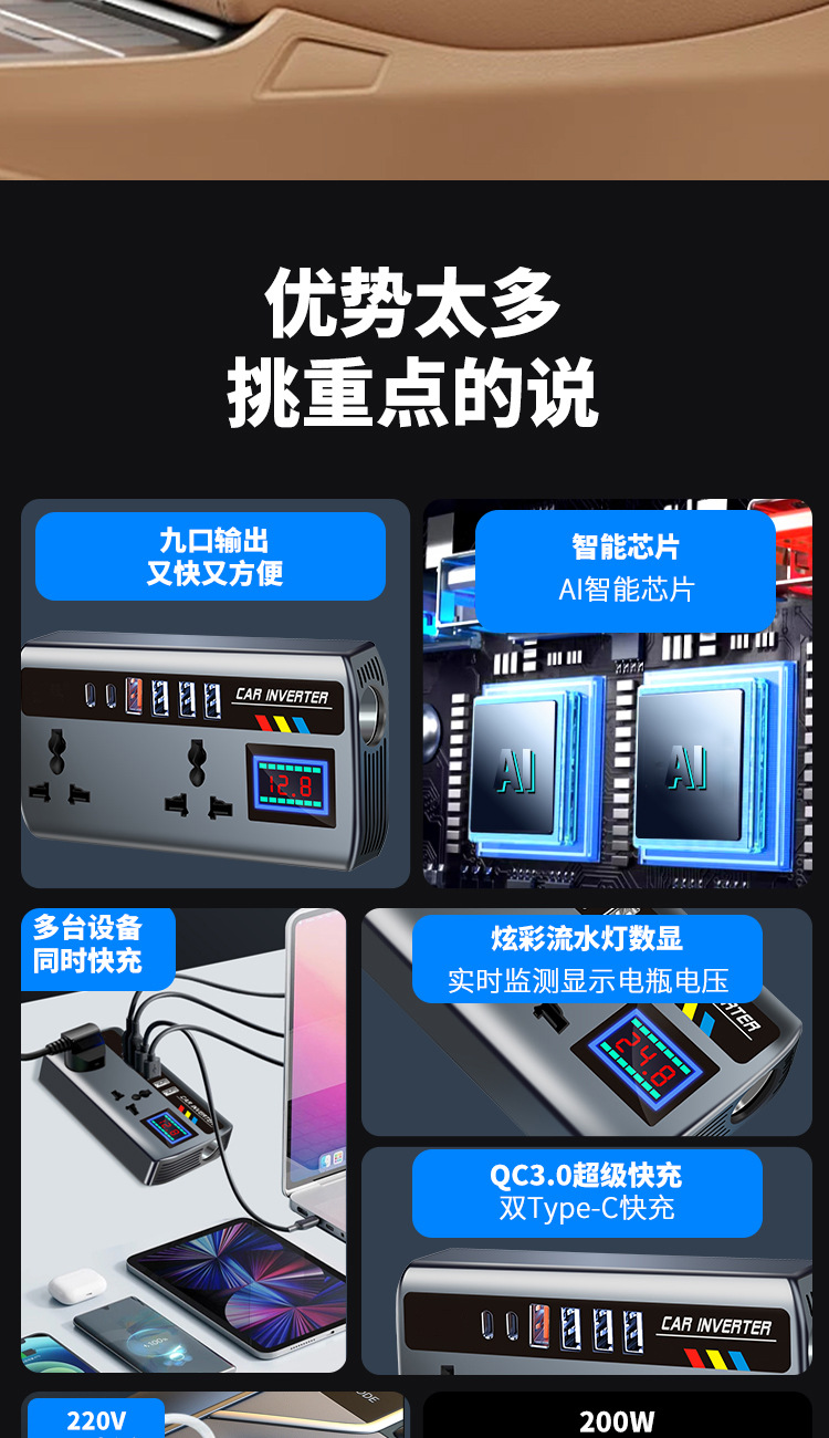 Car Inverter 12V24V Universal to 220V Truck Power Socket Car Smart Charging Inverter Converter