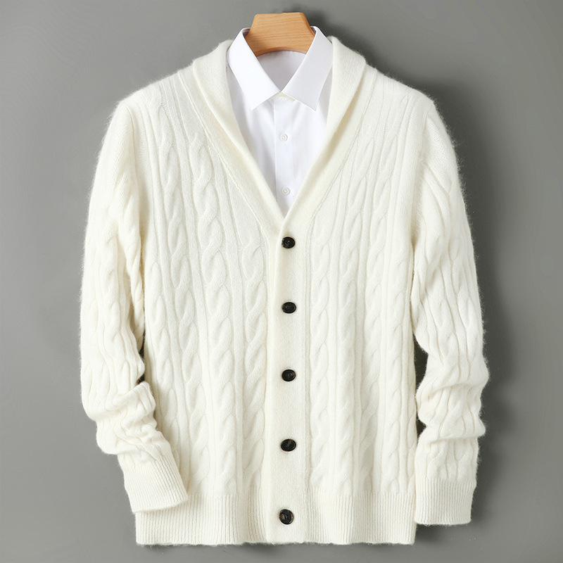 Autumn and winter thickened 400g 100% wool men's cardigan with a mandarin collar, featuring a thickened twisted-knit design, suitable for business casual wear