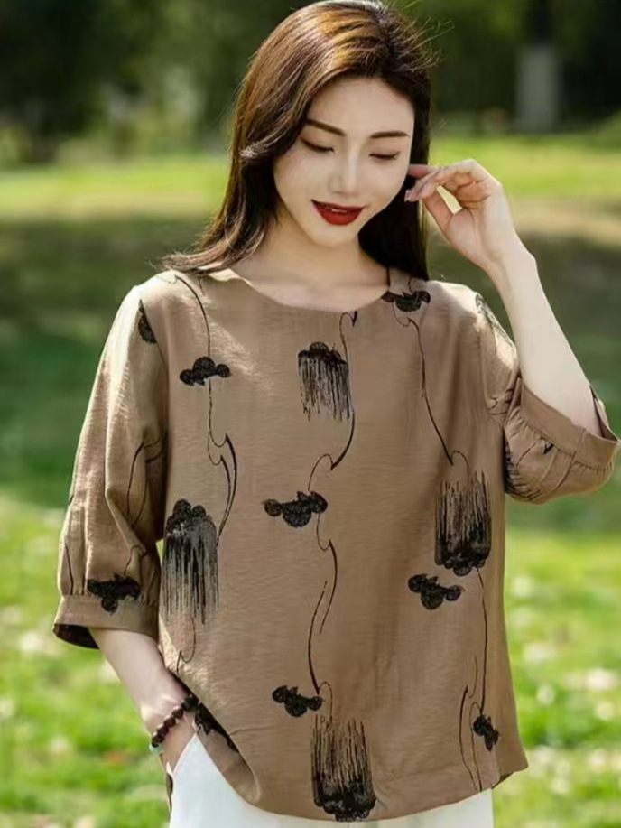 Cross-border nueva camiseta de mujer china impresa de manga media camiseta de mujer de verano camiseta de base de cuello redondo artística ocio image 2