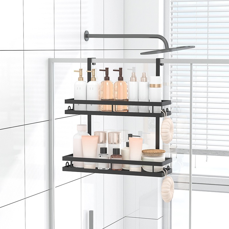 Estante de almacenamiento de baño sin perforación puerta de almacenamiento colgante de pared trasera tipo cesta colgante de doble capa percha de artículos de higiene del baño