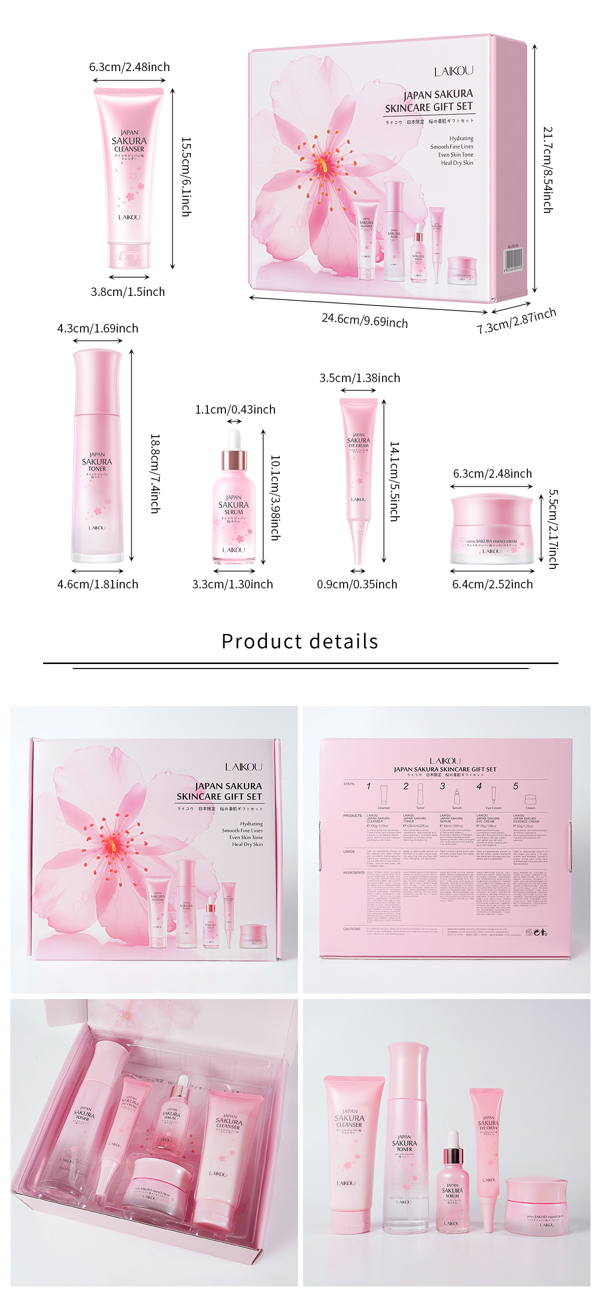 Cross-border LAIKOU Sakura Skincare Gift Box Moisturizing and Hydrating 5-piece Set with glass panel Part in stock undefined