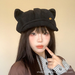 2025新款麂皮绒八角帽女秋冬时尚氛围感猫耳朵报童帽显脸小贝雷帽