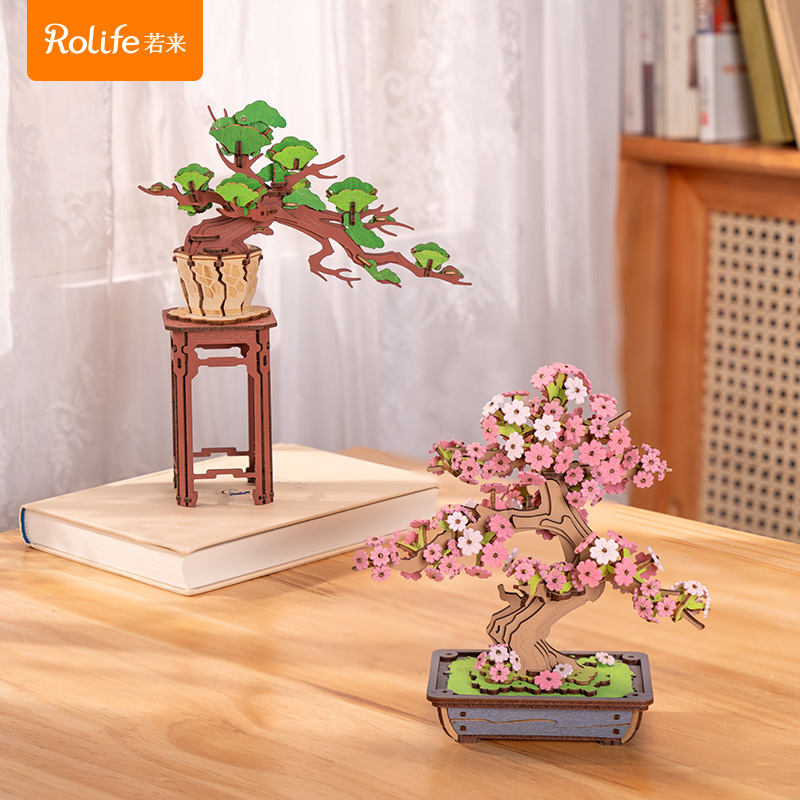 Rollife Ruo Lai 3D 3D Puzzle Árbol de cerezo Pino Madera Juguete Modelo de ensamblaje Bloques de construcción Hecho a mano Adulto Mujer