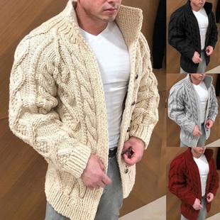 European and American Cross-border 2022 New Men's Sweater Cross-border Cardigan Reloading Long Sleeve Collar Strand Jacquard Casual Men's Wear