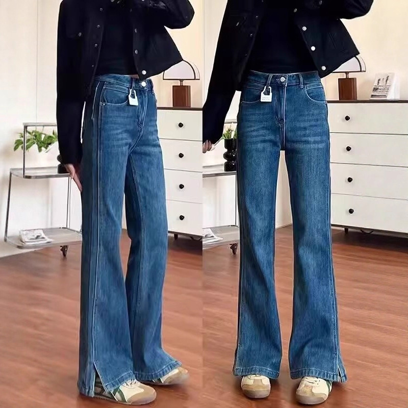 Flared Jeans with Slits for Women, Stretchy, Slim Fit, Versatile, Plus Size, 2025 Autumn New Style, Bell-Bottom Pants