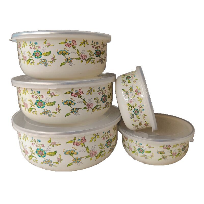 Korean and Japanese Style Enamel Preservation Bowl Gift Ice Bowl 5-Piece Set Direct Sale from Manufacturer Enamel Preservation Box Ice Fresh Refrigeration Bowl