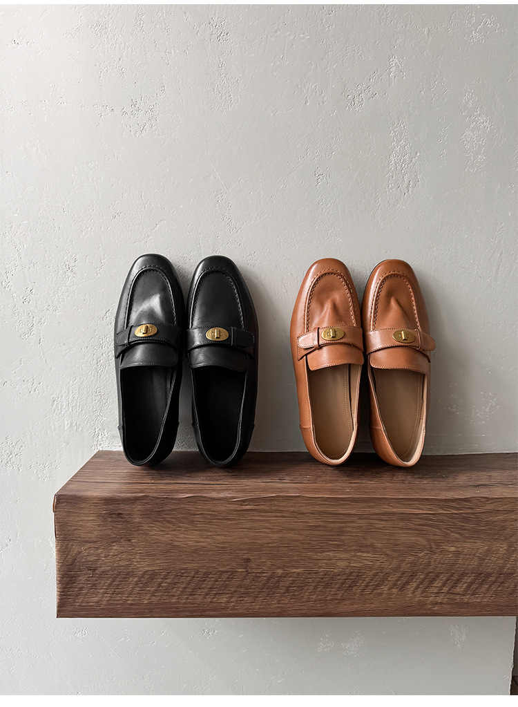 Giày loafer nữ da bò mũi sâu gót vuông thấp phong cách Anh Quốc — màu nâu chi tiết 25