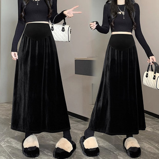 Pregnant women's skirt autumn and winter high waist velvet long dress retro loose belly support slimming A- line one-step skirt