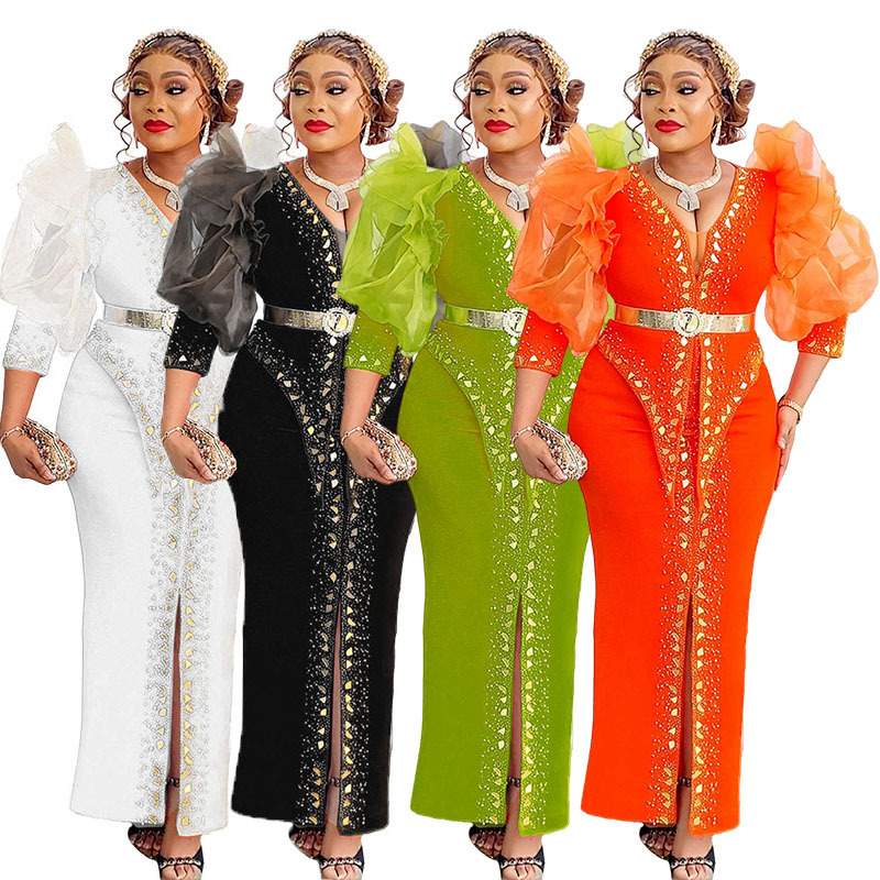 African Style Women's Cross-Border Export Slim Puff Sleeve Long Sleeve Hot Diamond Heavy Craft Long Skirt Dress with Belt African Style Women's Cross-Border Export Slim Puff Sleeve Long Sleeve Hot Diamond Heavy Craft Long Skirt Dress with Belt