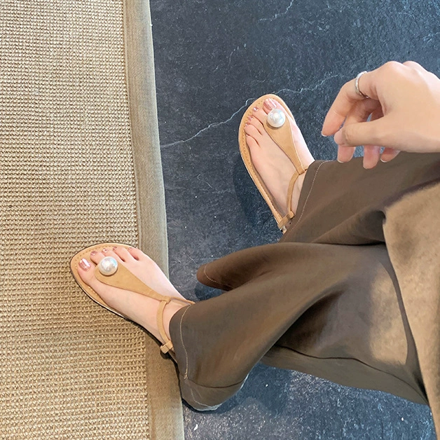 Версия из воловьей кожи ~ Женские раскладные сандалии из натуральной кожи с жемчугом на мягкой подошве, летние сандалии на плоской подошве с открытым носком в римском стиле, сандалии с узором «елочка»