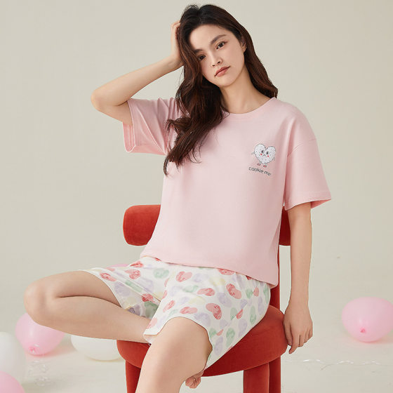 Suit% cotton pajamas women's summer new round neck short sleeve shorts casual girl outerwear homewear thin