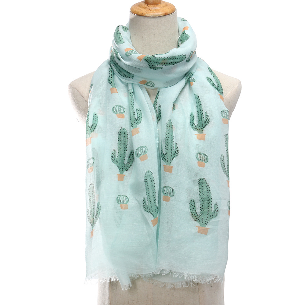 Women's Scarf Summer Japanese Style Cactus Print Gauze Scarf Autumn Warm Long Scarf Travel Beach Towel Sun Protection Shawl