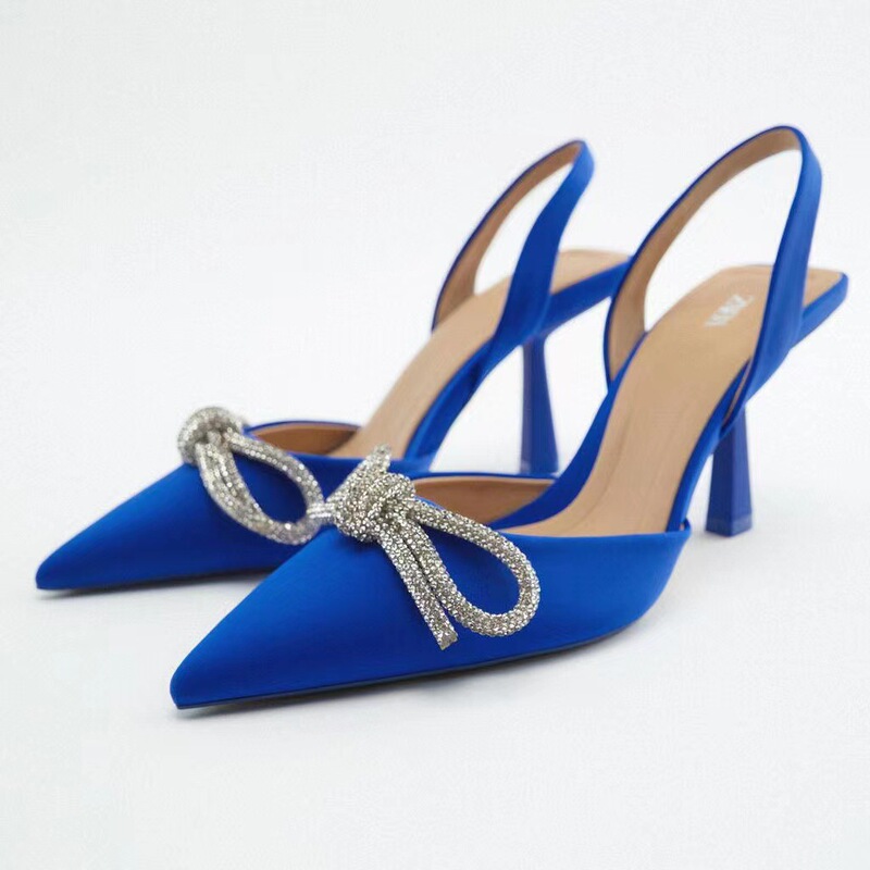 ZAR * A2022 Spring New Women's Shoes Diamond Bow Thin Heel Pointed Back Large Size Shoes