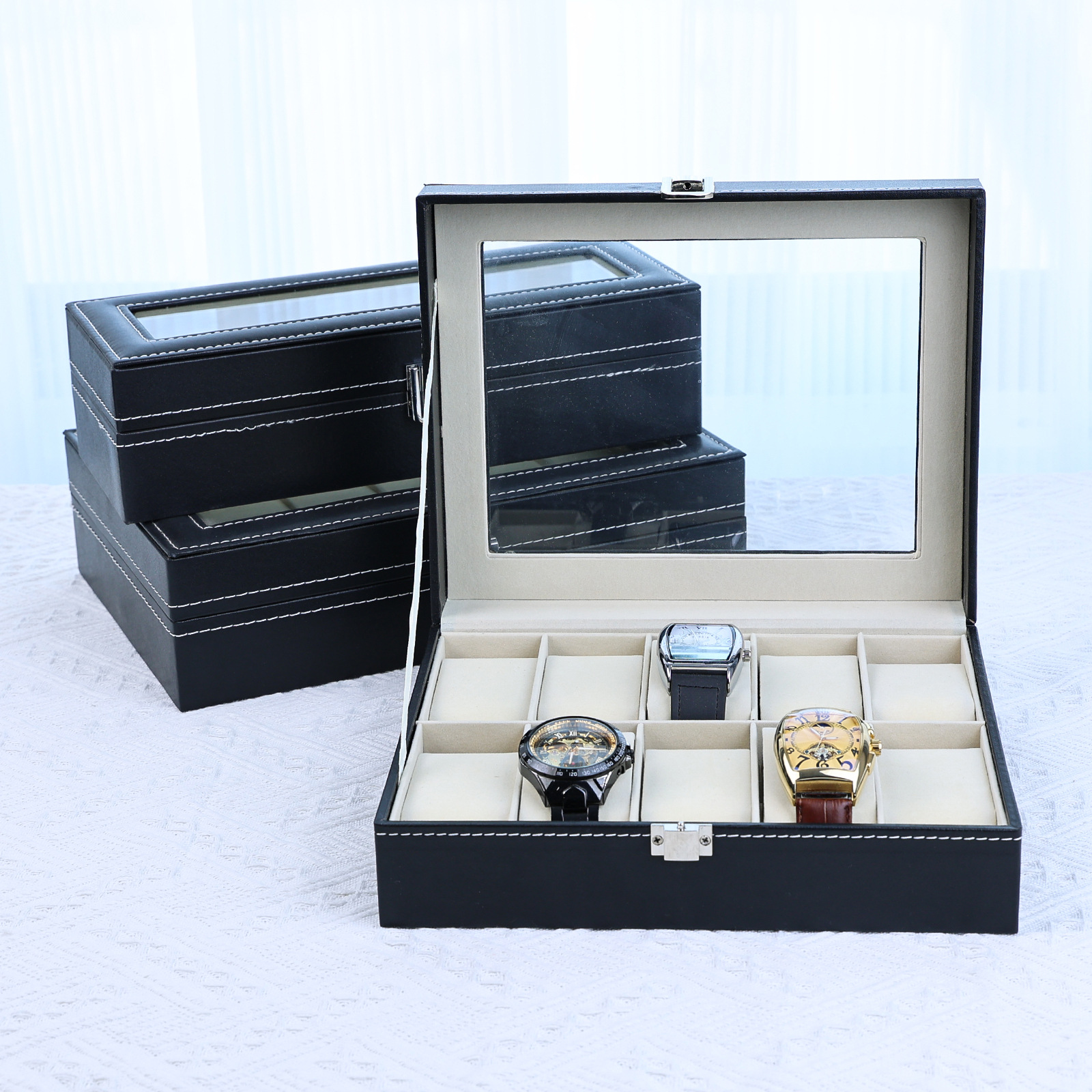 Dejiao pu reloj de cuero bandeja de exhibición en stock reloj caja de almacenamiento contador coche línea artesanía simple y elegante