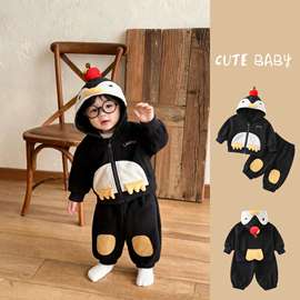 婴幼儿春秋外出服可爱企鹅连帽套装网红风拍照保暖外套韩系童装