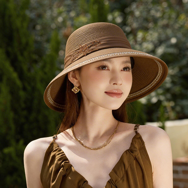 Mũ rộng vành nữ đi biển chất liệu rơm dệt chống nắng có dây ruy băng — màu be