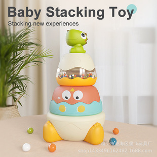 Cross-Border Cute Dinosaur Rainbow Jenga Hand Bell Sound and Light Educational Early Education Chewable Soothing Rattle Toy