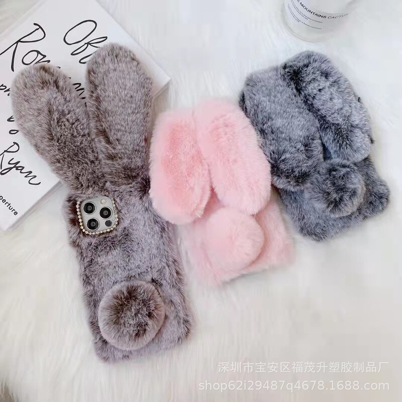 Plush Rabbit Ears Suitable for iphone15Promax Phone Case 11 Cute Protective Cover Apple 13 Autumn and Winter New