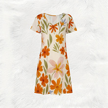 跨境一件代发混批橙橘粉水彩雏菊黄水墨大花卉印花V领短袖连衣裙
