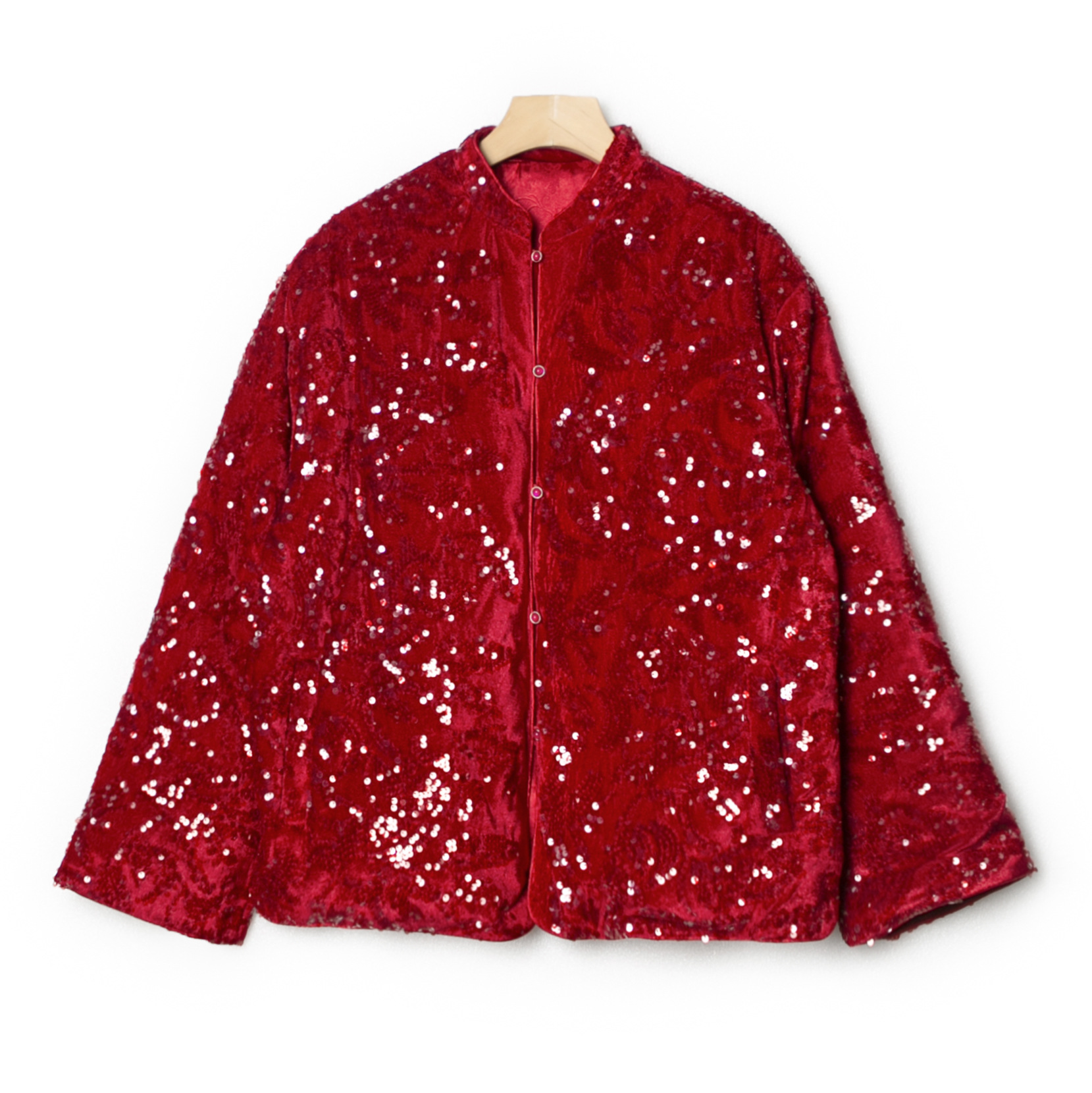 新中式国风红色丝绒亮片时尚保暖厚棉服外套女新款