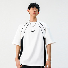 衝突色分割ステッチングデザイン半袖tシャツ男性夏純綿質感刺繍スポーツシャツ潮牌半袖