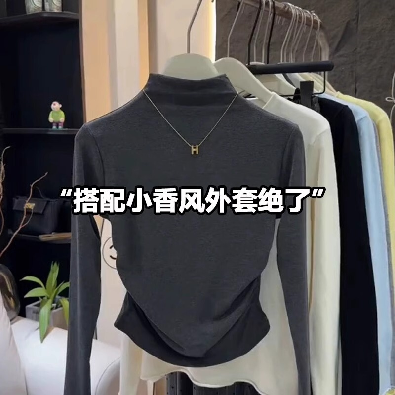 270g Ribbed Velvet Half Turtleneck Bottoming Shirt for Women in Autumn and Winter, Slimming Look Waist, Brushed Warm Inner Top
