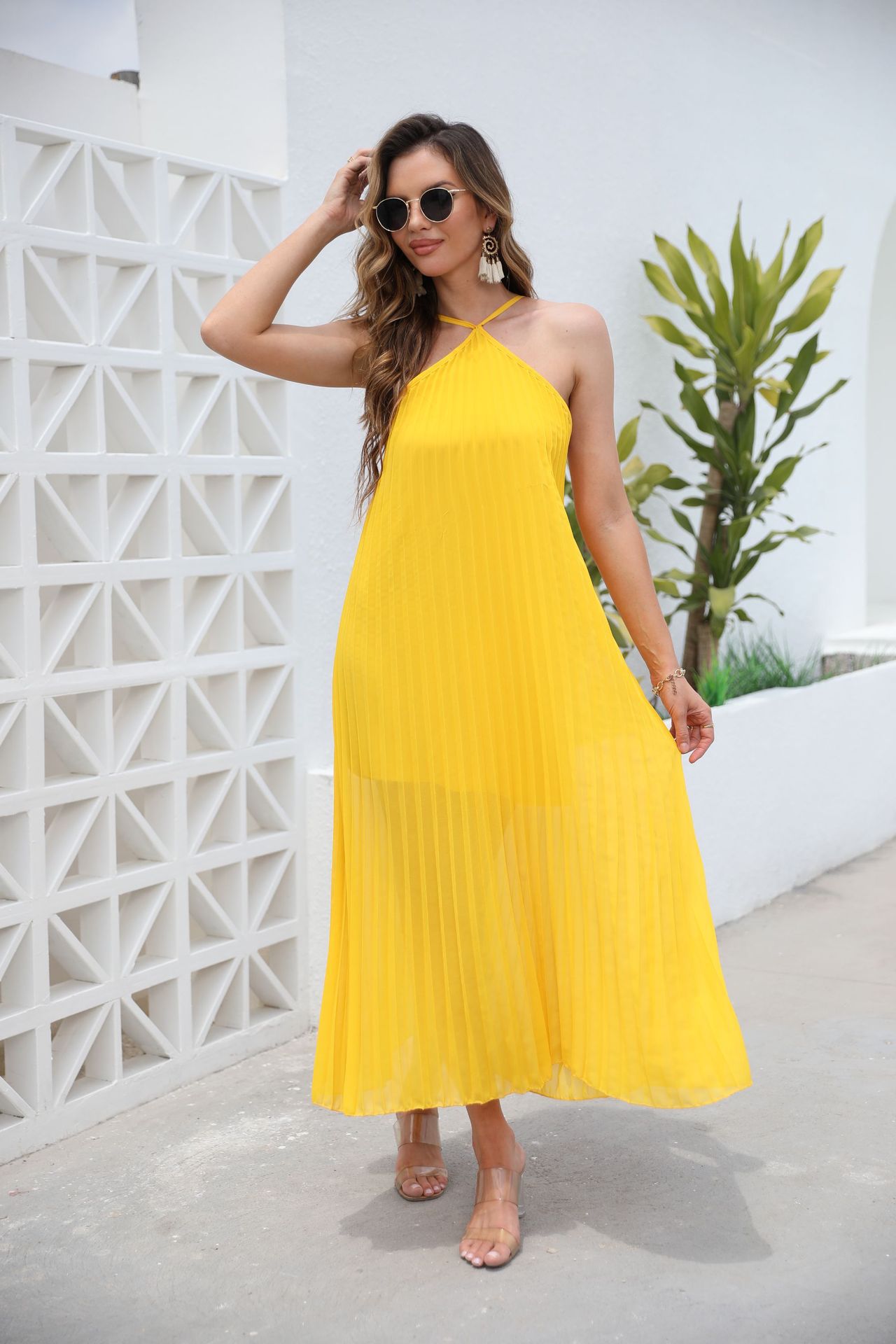 Primavera y verano, Europa y América, comercio exterior, nueva ropa de mujer, deseo Amazon, nuevos productos sin mangas, vestido de cuello, ropa de playa