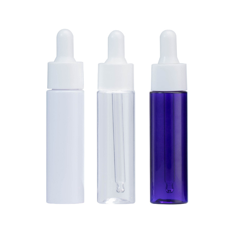En stock Xumin material de embalaje 30ml botella cuentagotas para mascotas transparente blanco/transparente botella de esencia de plástico azul sub-botella