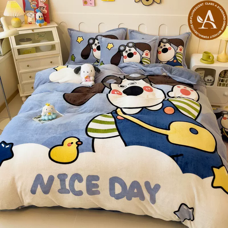 A类卡通加厚牛奶绒四件套法兰珊瑚绒加绒被套床单保暖三件套床笠4