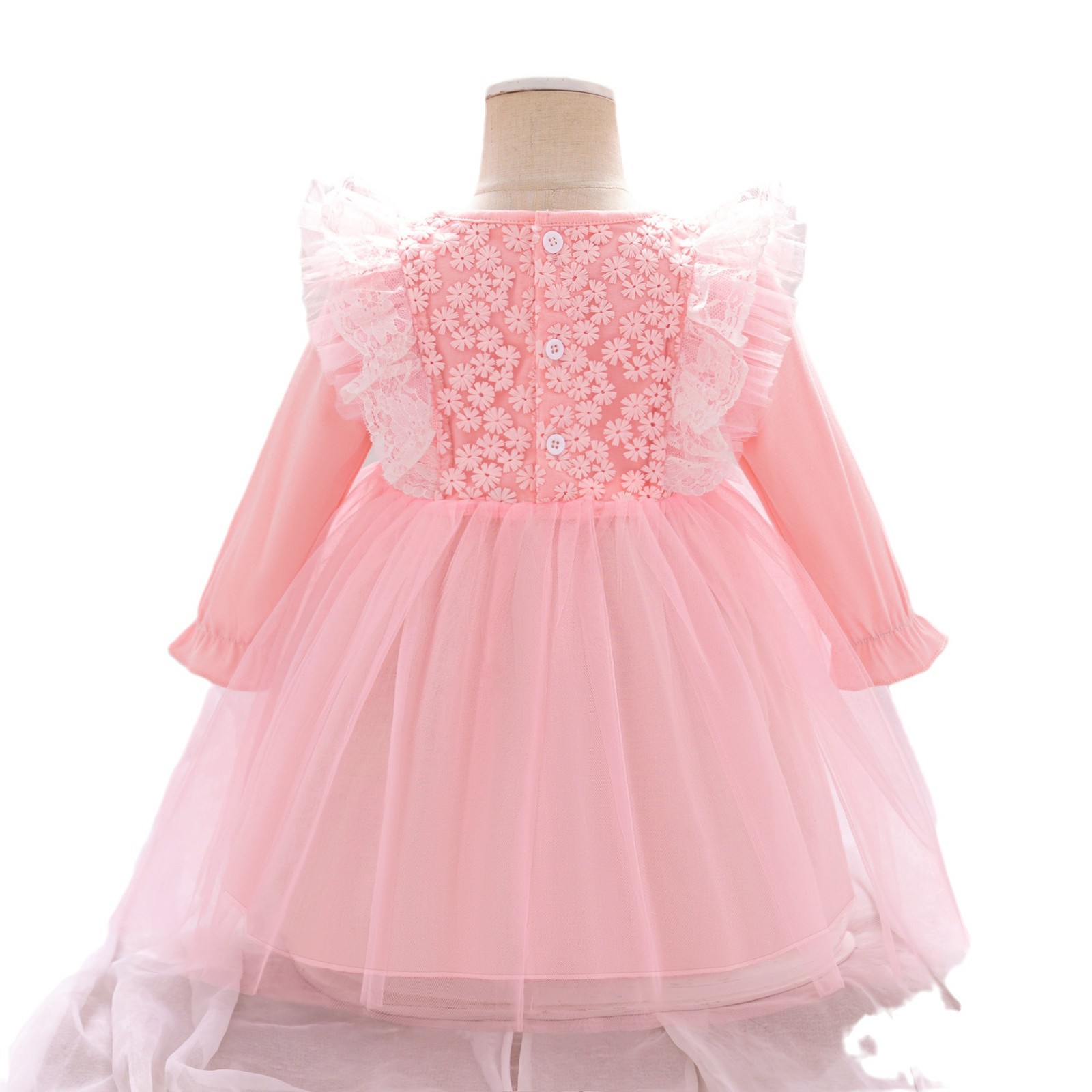 Europa y América de moda nuevo vestido de bebé de manga larga tela de malla empalmado vestido de niña de luna llena vestido de princesa rosa