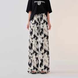 大码女装墨画晕染压褶休闲阔腿裤女夏季薄款高腰垂感直筒