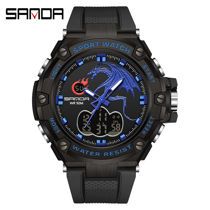 Sanda 3171 reloj electrónico dragón rociador de fuego reloj impermeable moda de moda luminoso reloj de hombre multifuncional