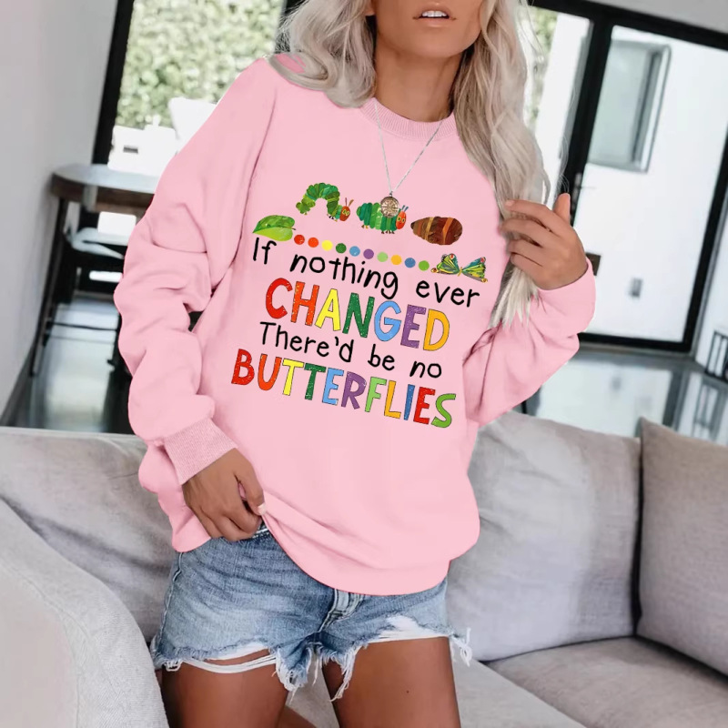Round Neck Sweatshirt for Women, Spring and Autumn, with Playful Caterpillar Letter Print, Amazon Top, Ebay Long-Sleeve Sweatshirt Round Neck Sweatshirt for Women, Spring and Autumn, with Playful Caterpillar Letter Print, Amazon Top, Ebay Long-Sleeve Sweatshirt