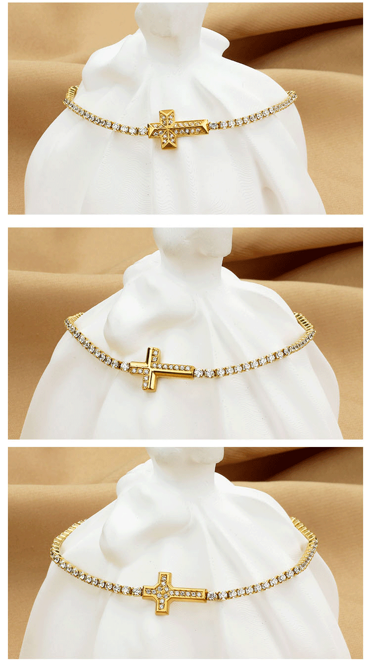 Titanium Steel Gold Plated Elegant Simple Style Plating Cross Artificial Diamond Bracelets display picture 8