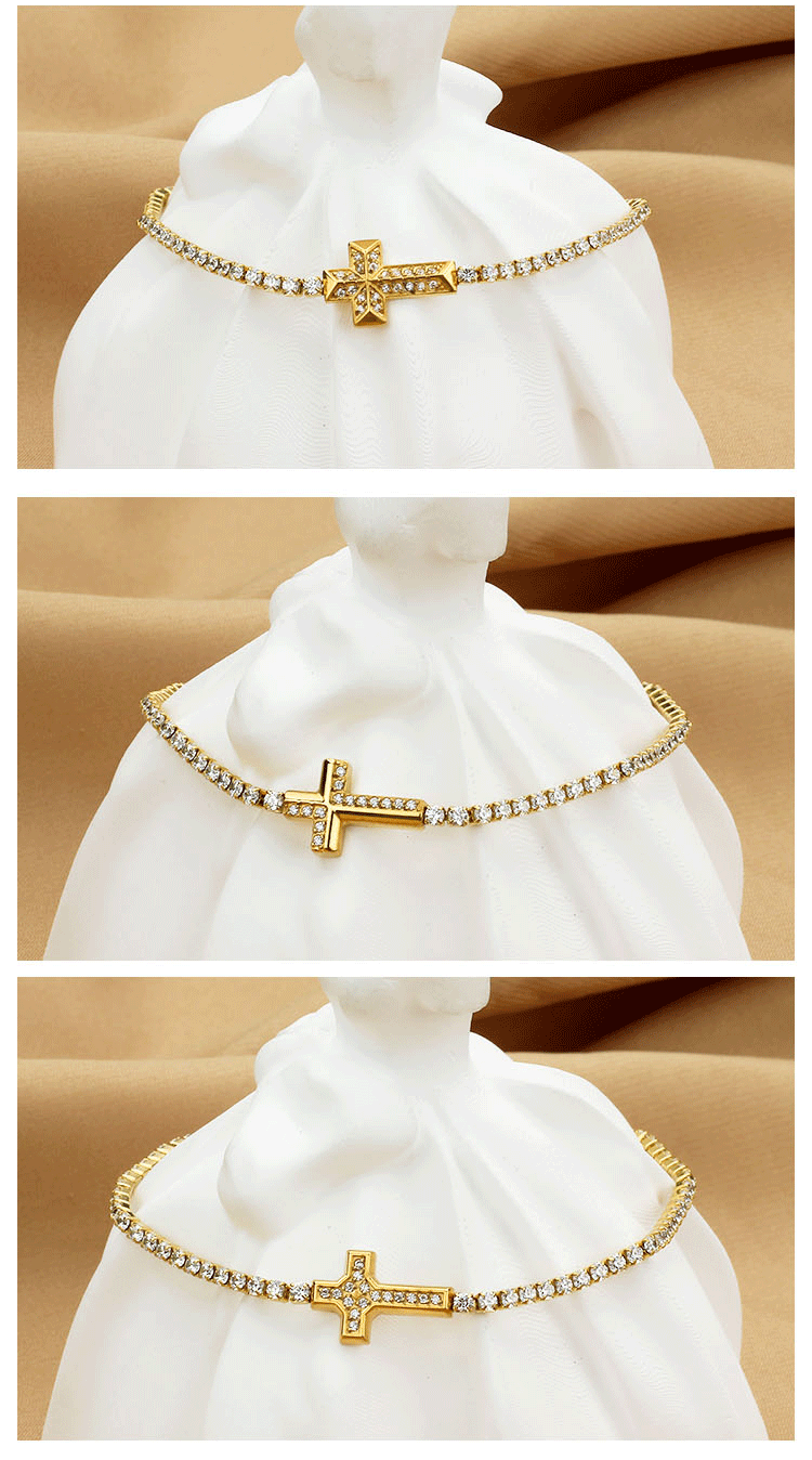 Casual Occasion Titanium Steel Gold Plated Elegant Simple Style Plating Cross Artificial Diamond Bracelets